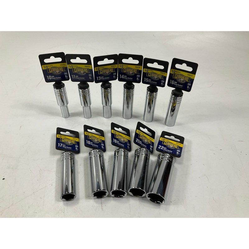 Gearhead 1/2'' Drive, 6 Point, Metric Deep Sockets, 10MM-22MM