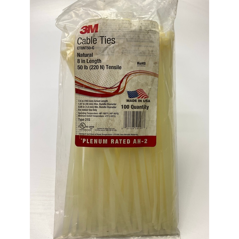 3M CT8NT50-C 100 PC Cable Zip Ties Natural White 8'' 50 Lbs., 100 Per Bag