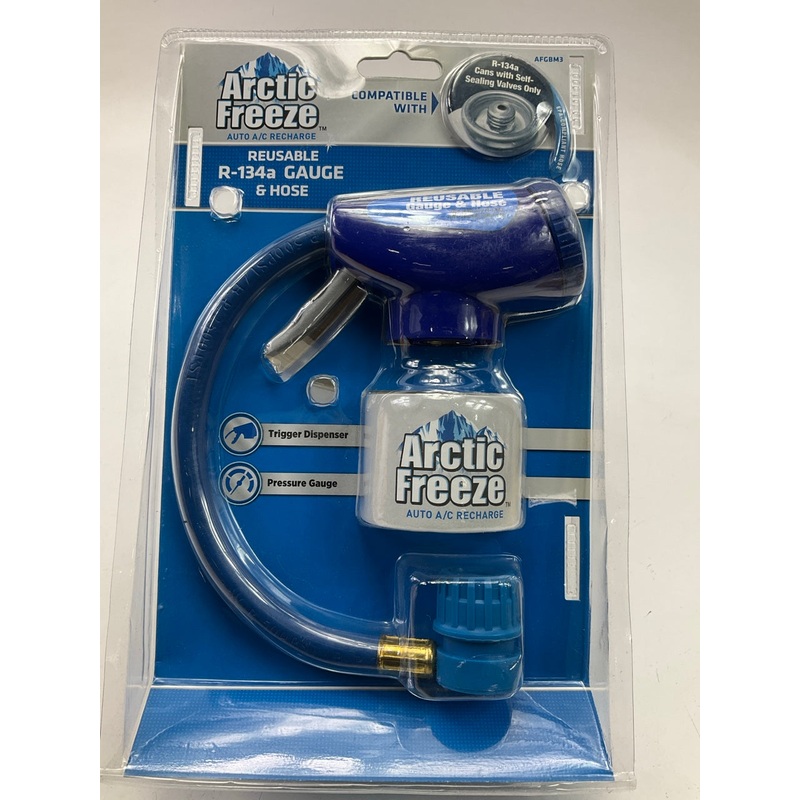 Arctic Freeze 134 Blue Reusable A/C Gauge And Hose, For Self Sealing Cans ONLY