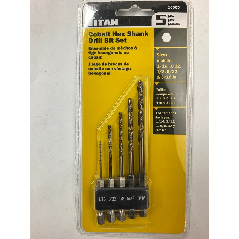 Titan 16505 5 Piece Hex Shank Drill Bit Set: 1/16'', 3/32'', 1/8'', 5/32'', 3/16''