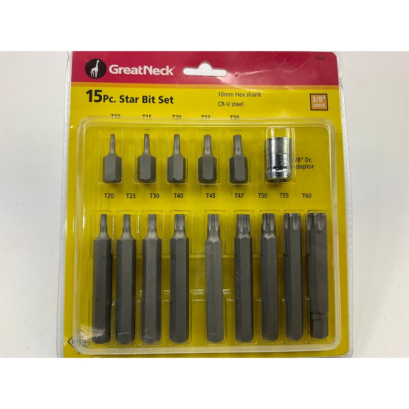 15 PCs Set - GREAT NECK TQS15 TORX Star Bit 10mm Hex Shank CR-V Steel 3/8'' Drive