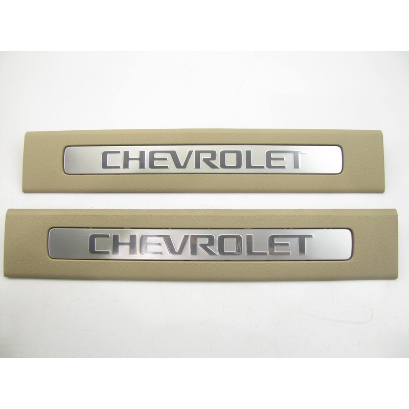 (x2) NEW OEM For GM Long Rear Door Sill Cover Plate W/ Logo Cashmere 15848342