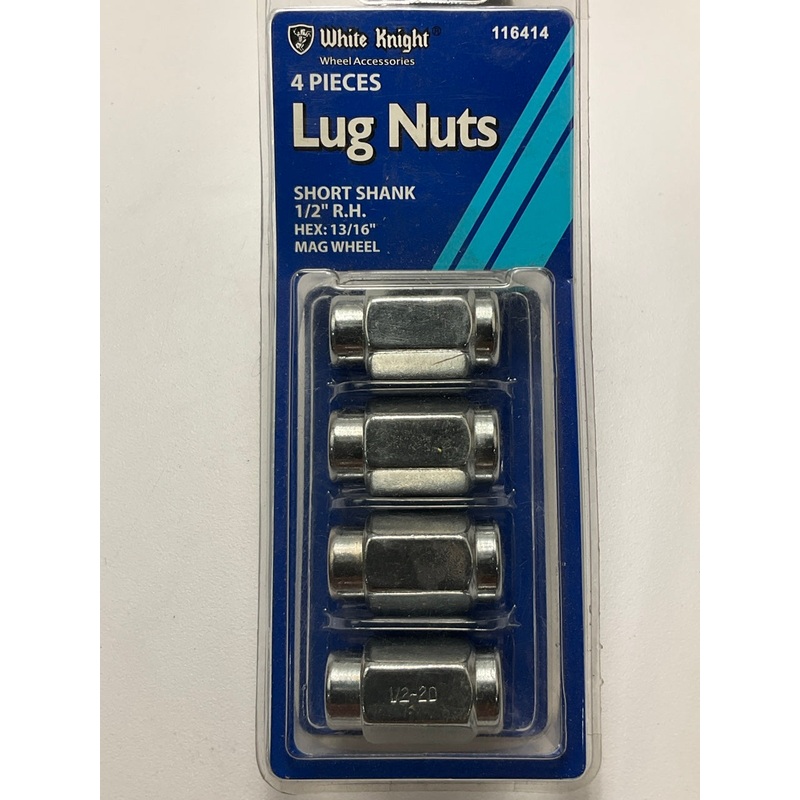 White Knight 116414 Short Shank Lug Nuts 1/2'' R.H, 13/16'' HEX, Mag Wheel 4/ PACK