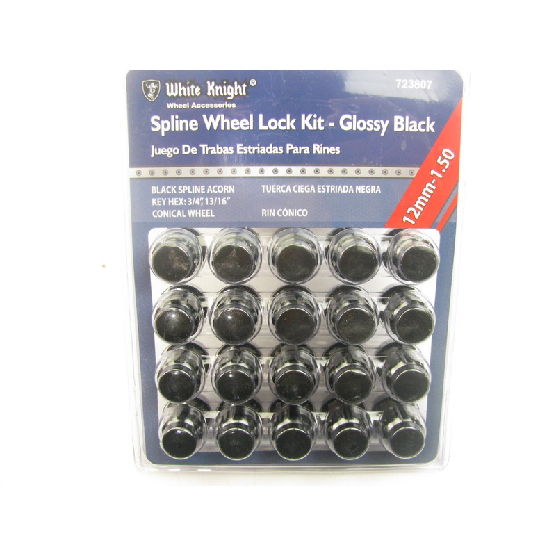 White Knight 723807 Wheel Lock Set Kit - 12mm-1.50 Black Spline Acorn, 20 PCS